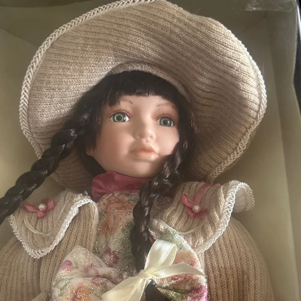 2001 Porcelain Doll with Pink Dress and Tan Coat